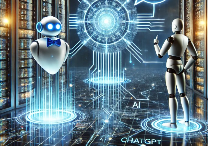 Illustration de l'intégration des outils d'intelligence artificielle dans un bureau numérique futuriste.